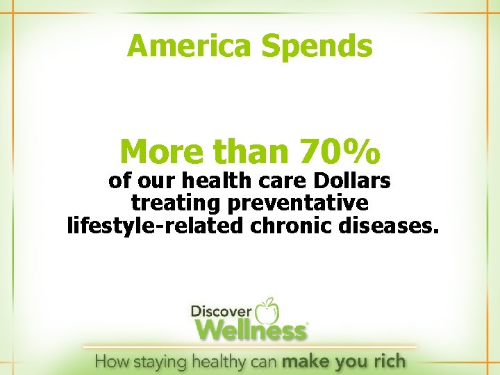 America Spends More than 70% of our health care Dollars treating preventative lifestyle-related chronic