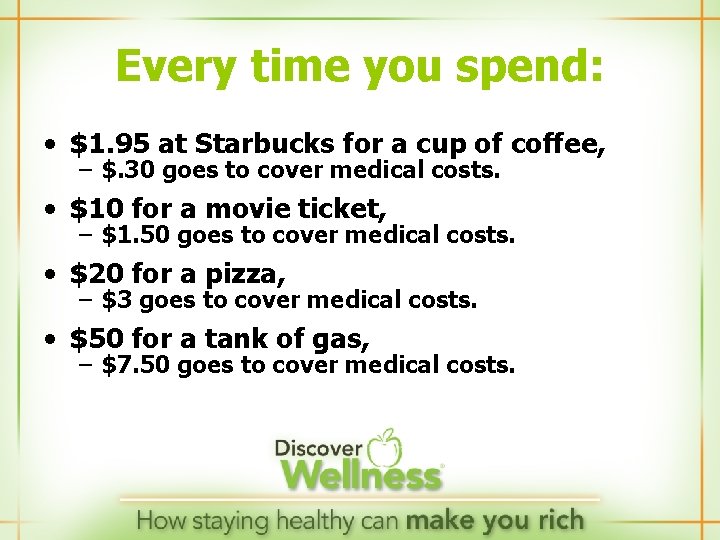 Every time you spend: • $1. 95 at Starbucks for a cup of coffee,
