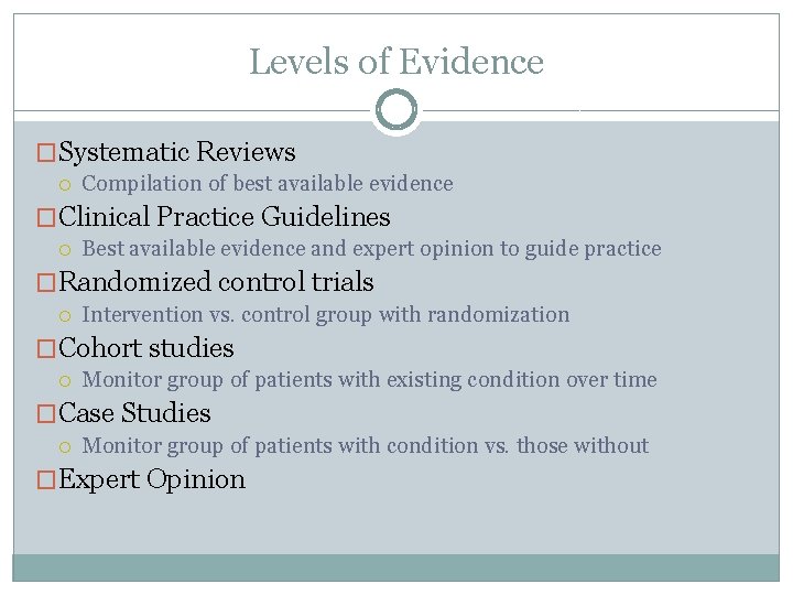Levels of Evidence �Systematic Reviews Compilation of best available evidence �Clinical Practice Guidelines Best