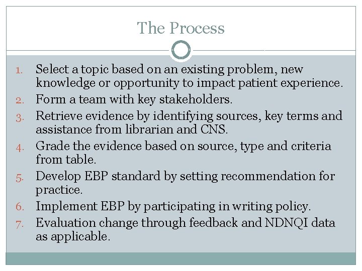 The Process 1. 2. 3. 4. 5. 6. 7. Select a topic based on