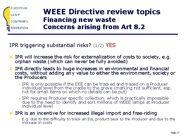 WEEE Directive review topics Financing new waste Concerns arising from Art 8. 2 IPR