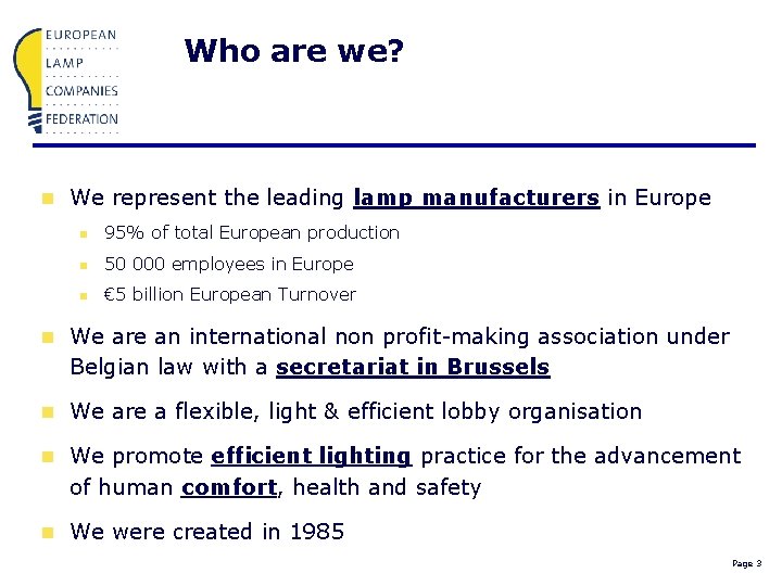 Who are we? n We represent the leading lamp manufacturers in Europe n 95%