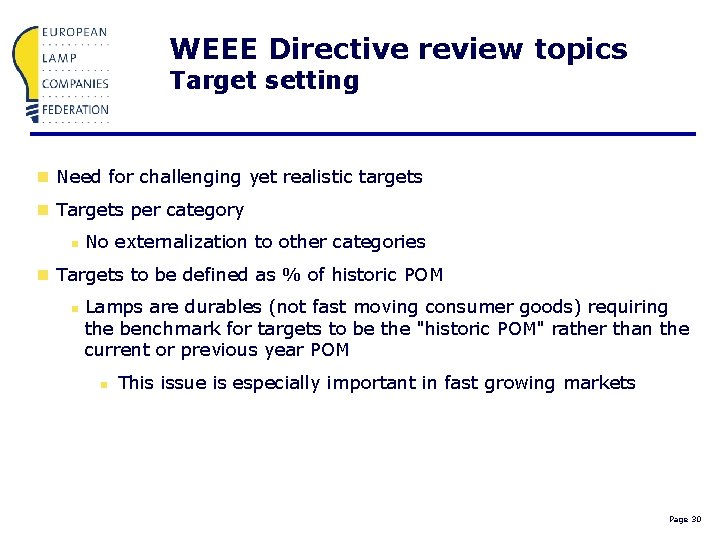 WEEE Directive review topics Target setting n Need for challenging yet realistic targets n