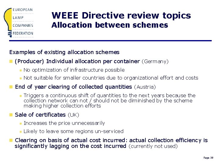 WEEE Directive review topics Allocation between schemes Examples of existing allocation schemes n (Producer)