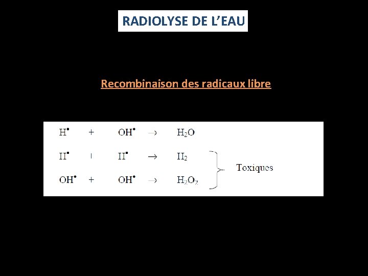 RADIOLYSE DE L’EAU Recombinaison des radicaux libre 
