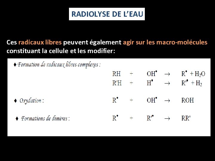 RADIOLYSE DE L’EAU Ces radicaux libres peuvent également agir sur les macro-molécules constituant la