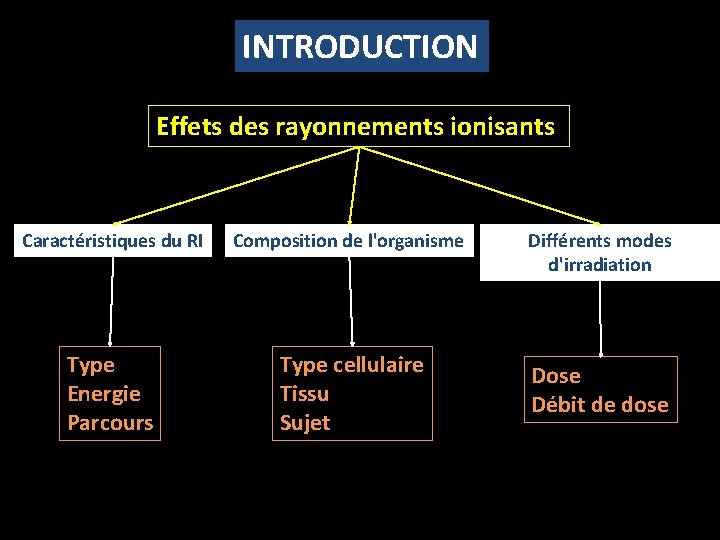 INTRODUCTION Effets des rayonnements ionisants Caractéristiques du RI Composition de l'organisme Type Energie Parcours