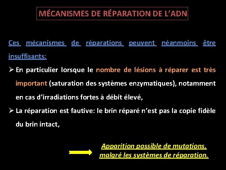 MÉCANISMES DE RÉPARATION DE L’ADN Ces mécanismes de réparations peuvent néanmoins être insuffisants: Ø