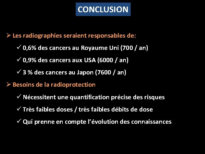 CONCLUSION Ø Les radiographies seraient responsables de: ü 0, 6% des cancers au Royaume