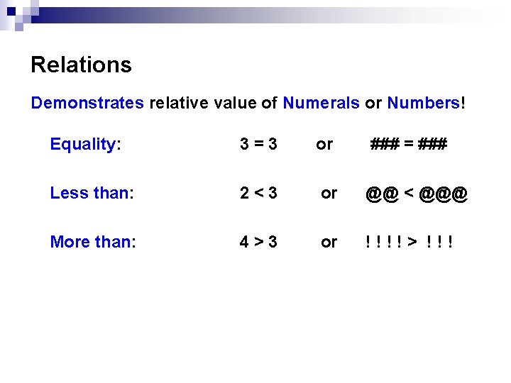 Relations Demonstrates relative value of Numerals or Numbers! Equality: 3=3 or ### = ### Relations Demonstrates relative value of Numerals or Numbers! Equality: 3=3 or ### = ###
