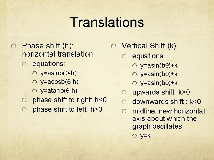 Translations Phase shift (h): horizontal translation equations: y=asinb(q-h) y=acosb(q-h) y=atanb(q-h) phase shift to right: