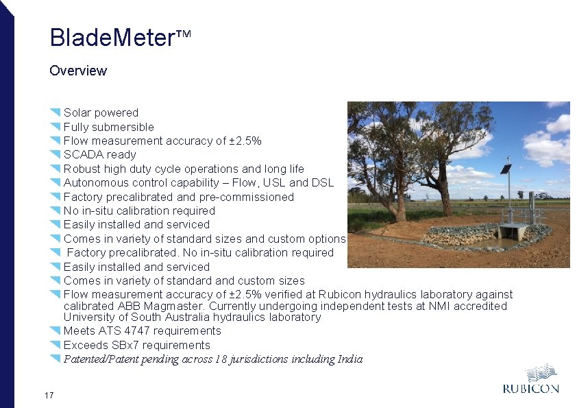 Blade. Meter™ Overview Solar powered Fully submersible Flow measurement accuracy of ± 2. 5%