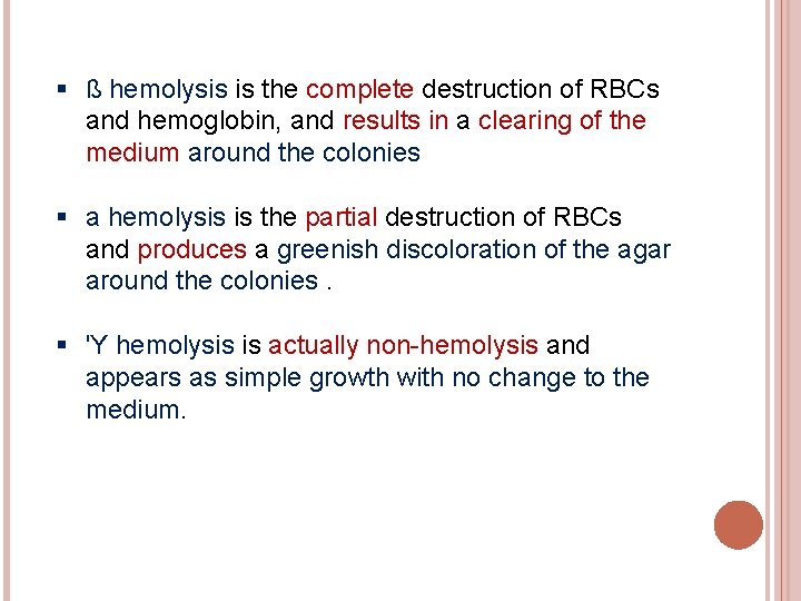 § ß hemolysis is the complete destruction of RBCs and hemoglobin, and results in