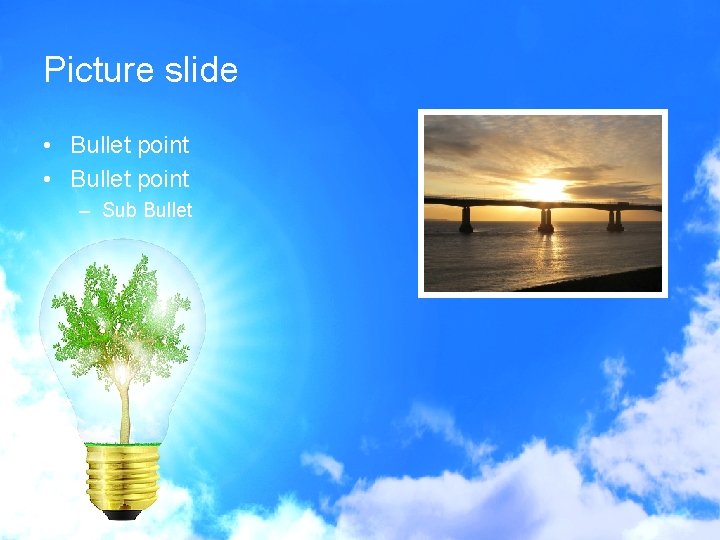 Picture slide • Bullet point – Sub Bullet Picture slide • Bullet point – Sub Bullet