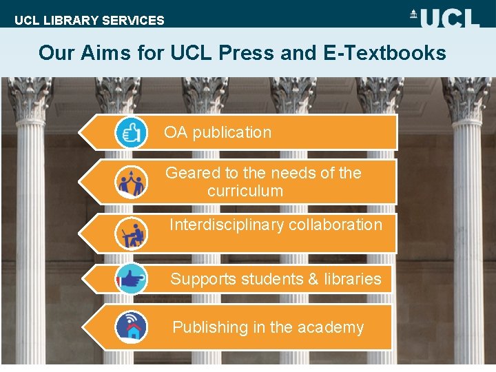 UCL LIBRARY SERVICES Our Aims for UCL Press and E-Textbooks OA publication Geared to