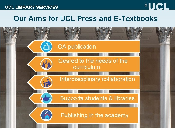 UCL LIBRARY SERVICES Our Aims for UCL Press and E-Textbooks OA publication Geared to