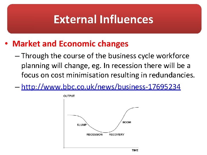 External Influences • Market and Economic changes – Through the course of the business