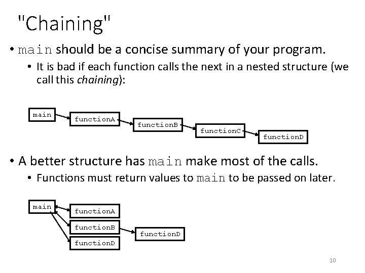 "Chaining" • main should be a concise summary of your program. • It is