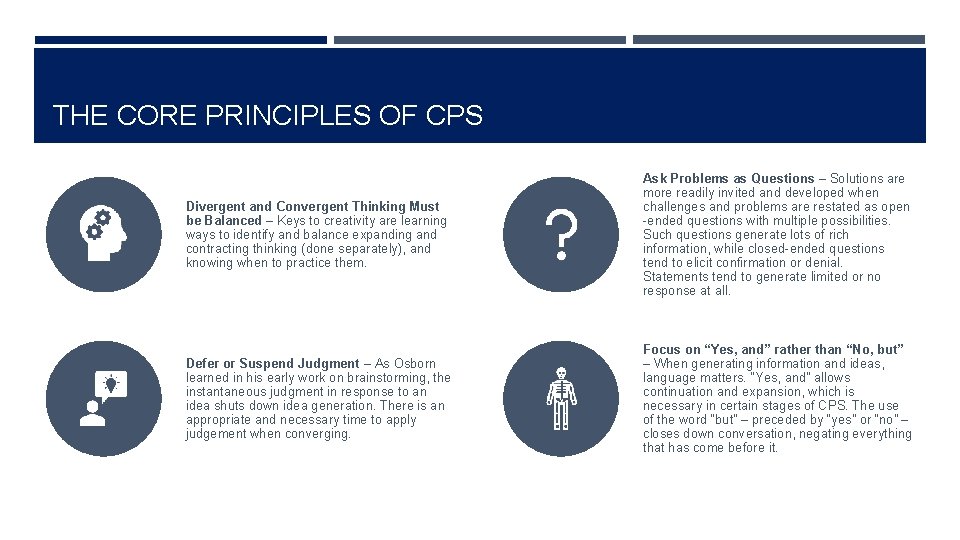THE CORE PRINCIPLES OF CPS Divergent and Convergent Thinking Must be Balanced – Keys