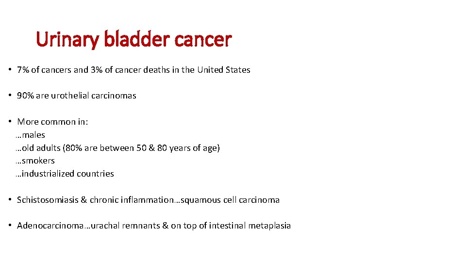 Urinary bladder cancer • 7% of cancers and 3% of cancer deaths in the