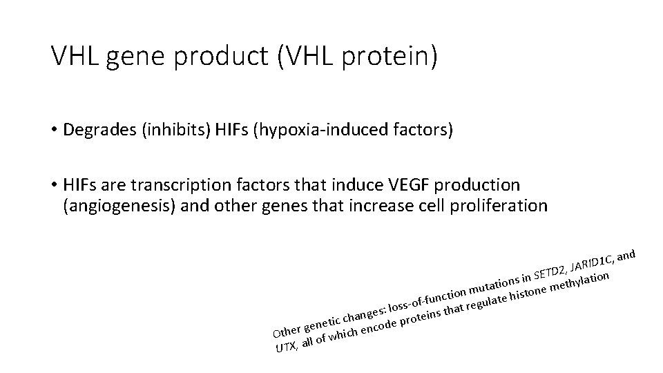 VHL gene product (VHL protein) • Degrades (inhibits) HIFs (hypoxia-induced factors) • HIFs are