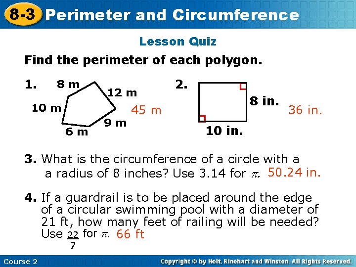 8 -3 Perimeter Insert Lesson and Title Circumference Here Lesson Quiz Find the perimeter