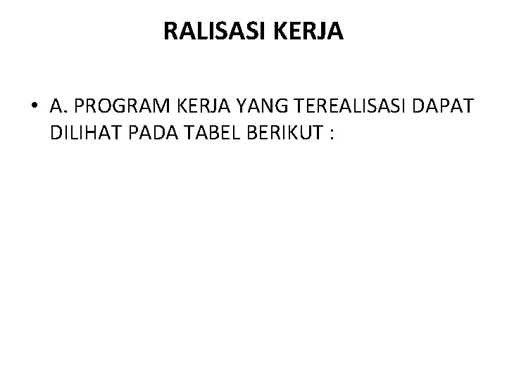 RALISASI KERJA • A. PROGRAM KERJA YANG TEREALISASI DAPAT DILIHAT PADA TABEL BERIKUT :