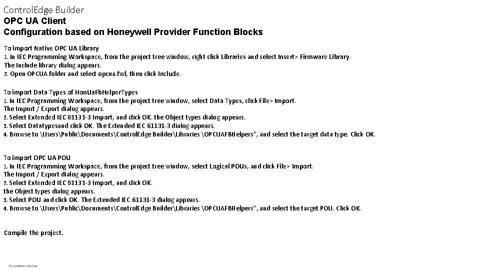 Control. Edge Builder OPC UA Client Configuration based on Honeywell Provider Function Blocks To