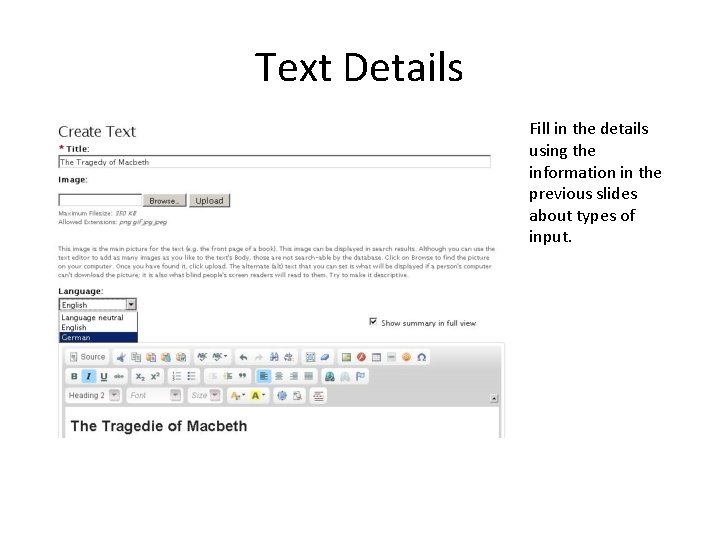 Text Details Fill in the details using the information in the previous slides about Text Details Fill in the details using the information in the previous slides about