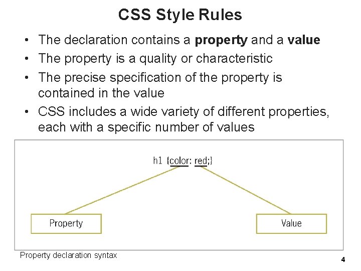 CSS Style Rules • The declaration contains a property and a value • The