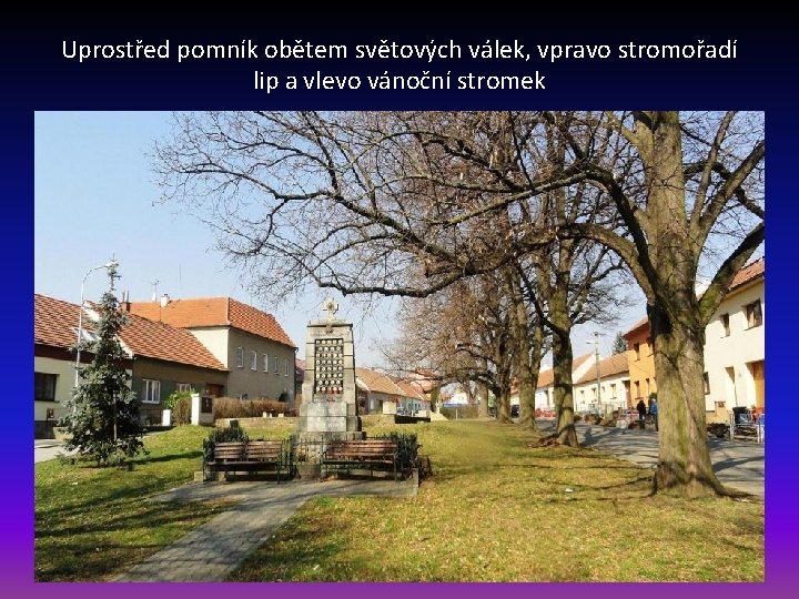 Uprostřed pomník obětem světových válek, vpravo stromořadí lip a vlevo vánoční stromek 