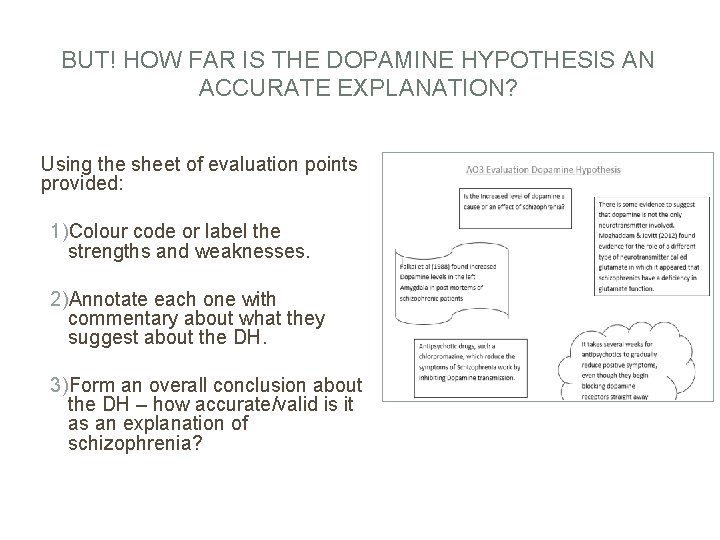 BUT! HOW FAR IS THE DOPAMINE HYPOTHESIS AN ACCURATE EXPLANATION? Using the sheet of