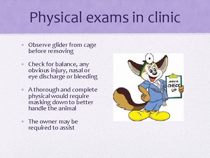 Physical exams in clinic • Observe glider from cage before removing • Check for