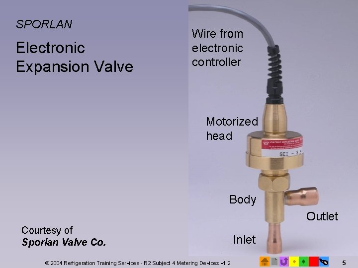 SPORLAN Electronic Expansion Valve Wire from electronic controller Motorized head Body Outlet Courtesy of