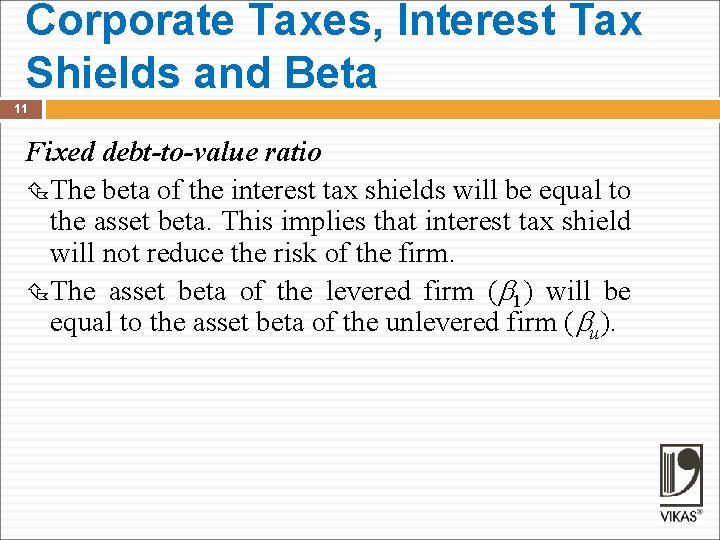Corporate Taxes, Interest Tax Shields and Beta 11 Fixed debt-to-value ratio The beta of