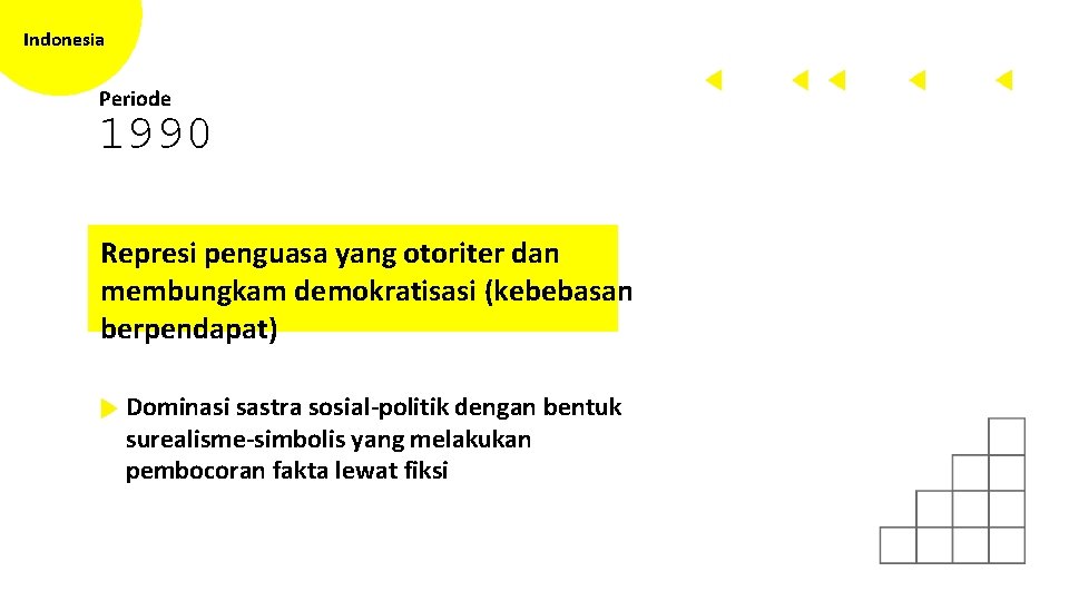 Indonesia Periode 1990 Represi penguasa yang otoriter dan membungkam demokratisasi (kebebasan berpendapat) Dominasi sastra