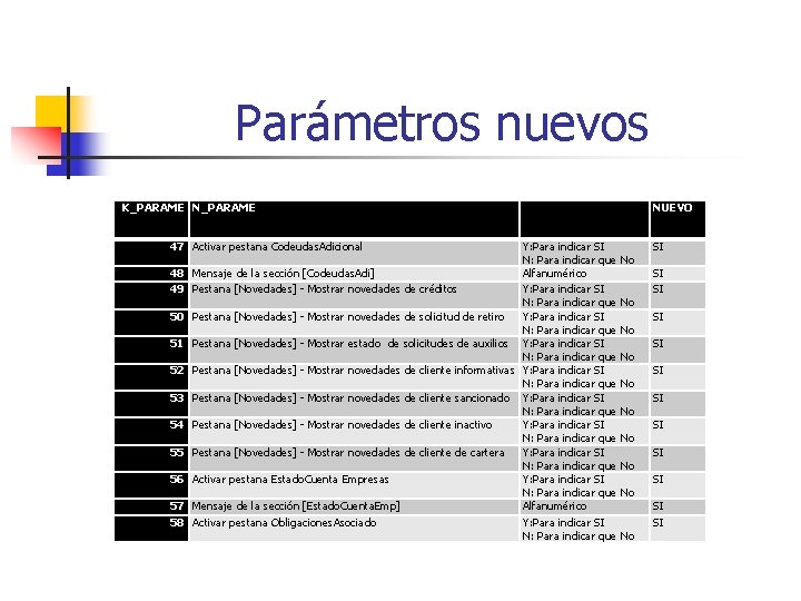 Parámetros nuevos K_PARAME N_PARAME 47 Activar pestana Codeudas. Adicional 48 49 50 51 52