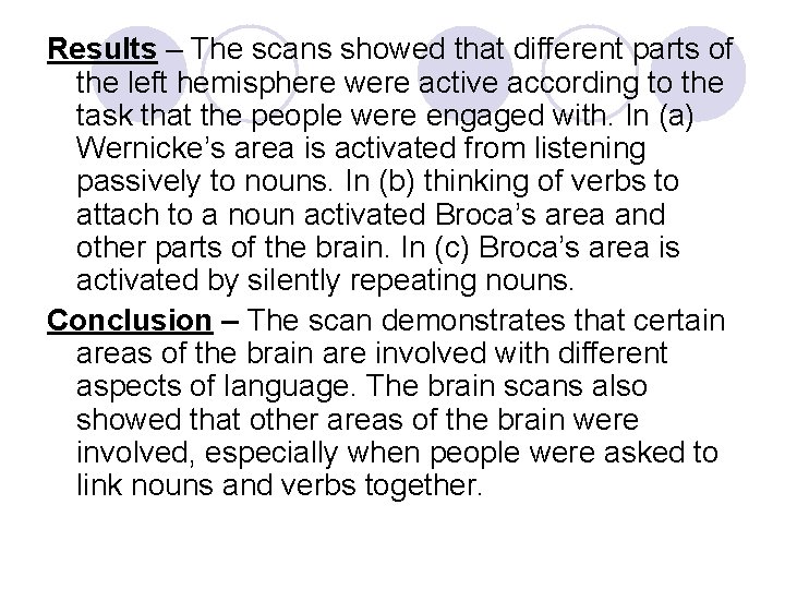 Results – The scans showed that different parts of the left hemisphere were active