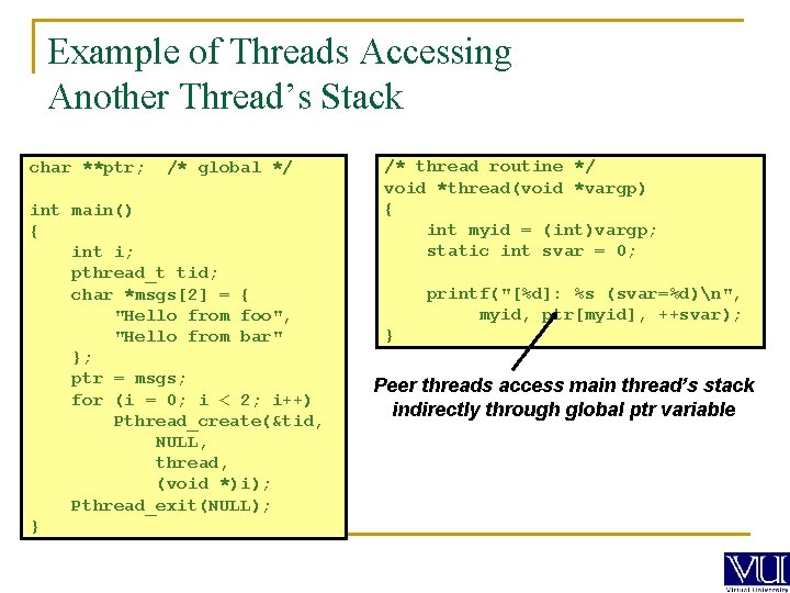 Example of Threads Accessing Another Thread’s Stack char **ptr; /* global */ int main()