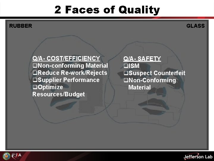 2 Faces of Quality RUBBER GLASS Q/A- COST/EFFICIENCY q. Non-conforming Material q. Reduce Re-work/Rejects