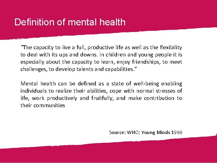 Definition of mental health "The capacity to live a full, productive life as well