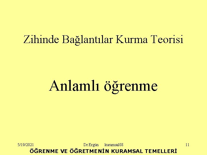 Zihinde Bağlantılar Kurma Teorisi Anlamlı öğrenme 5/19/2021 Dr. Ergün kuramsal 08 ÖĞRENME VE ÖĞRETMENİN