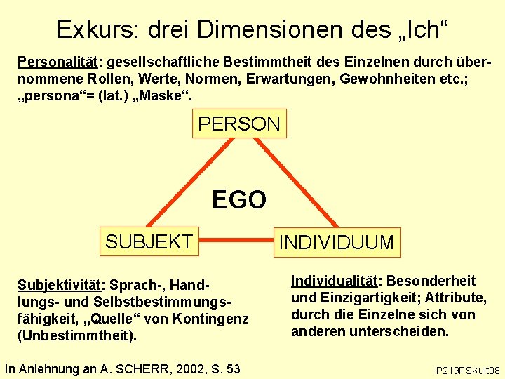 Exkurs: drei Dimensionen des „Ich“ Personalität: gesellschaftliche Bestimmtheit des Einzelnen durch übernommene Rollen, Werte,