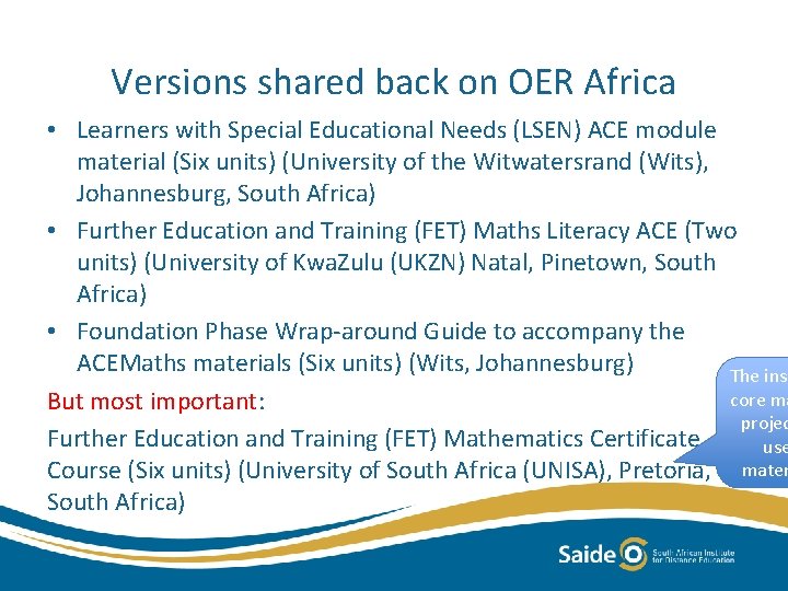 Versions shared back on OER Africa • Learners with Special Educational Needs (LSEN) ACE