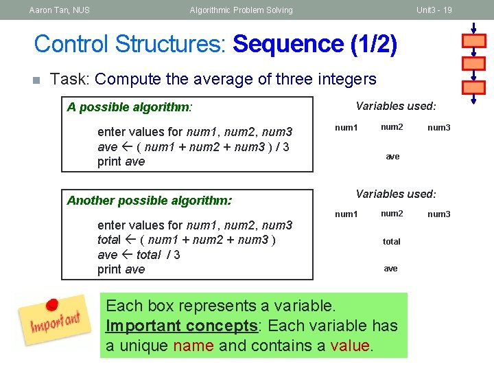 Aaron Tan, NUS Algorithmic Problem Solving Unit 3 - 19 Control Structures: Sequence (1/2)