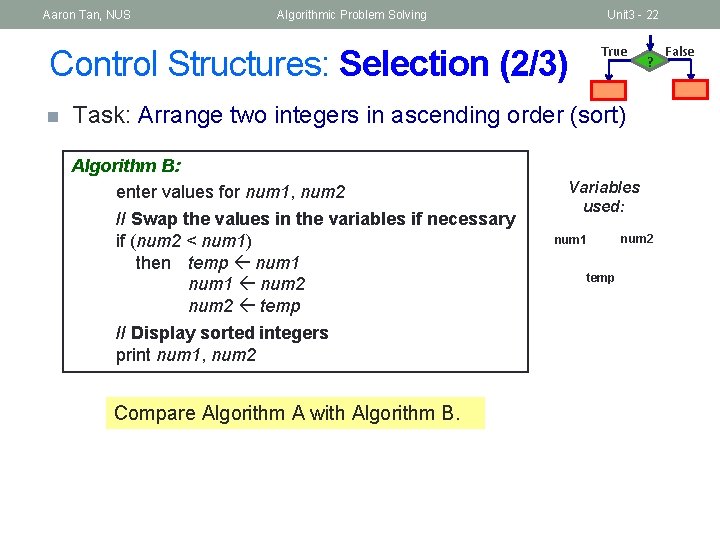 Aaron Tan, NUS Algorithmic Problem Solving Unit 3 - 22 Control Structures: Selection (2/3)