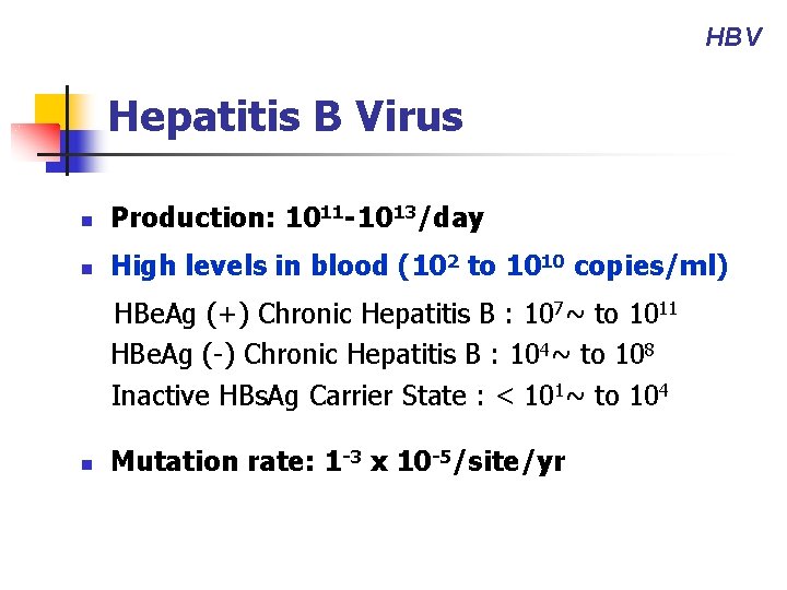 HBV Hepatitis B Virus n Production: 1011 -1013/day n High levels in blood (102