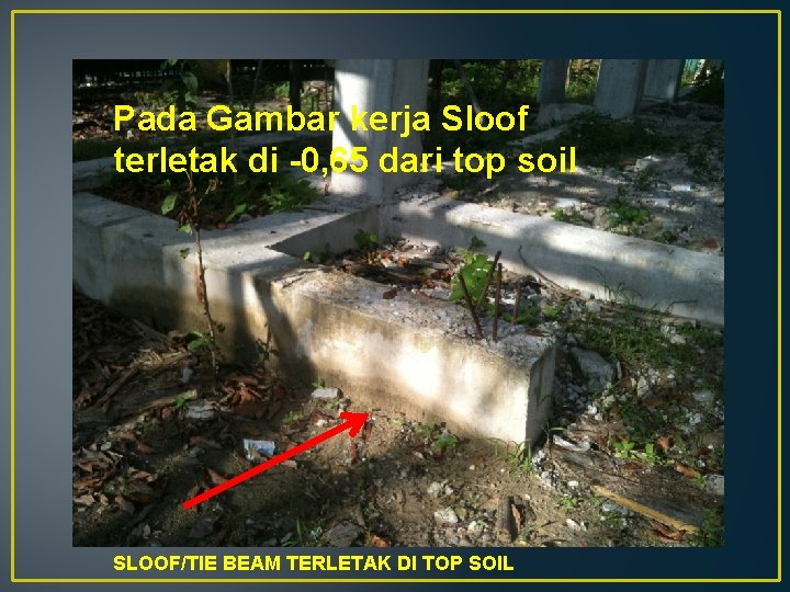 Pada Gambar kerja Sloof terletak di -0, 65 dari top soil SLOOF/TIE BEAM TERLETAK