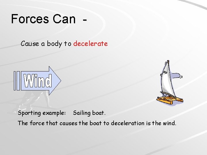 Forces Can Cause a body to decelerate Sporting example: Sailing boat. The force that