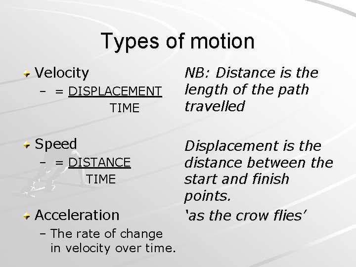 Types of motion Velocity – = DISPLACEMENT TIME Speed – = DISTANCE TIME Acceleration